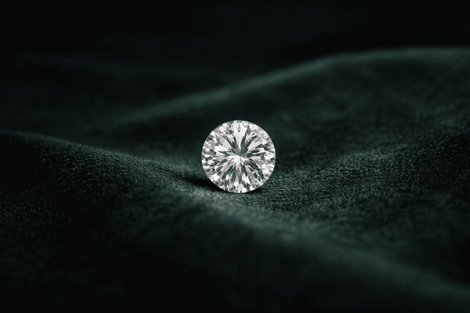 Round brilliant diamond resting on deep emerald green velvet